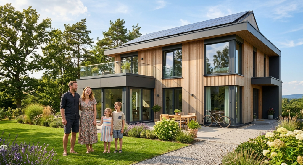 Modernes KfW-gefördertes Fertighaus EH 40 mit Photovoltaikanlage und glücklicher Familie im Garten